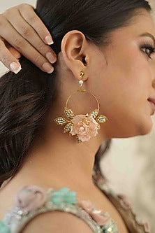 Gold Finish Pink Gemstone & Resin Floral Earrings