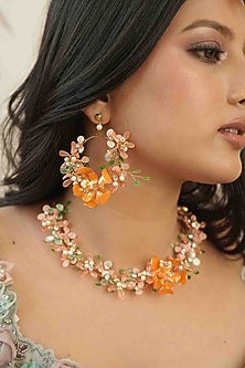 Gold Finish Orange Gemstone & Resin Floral Earrings