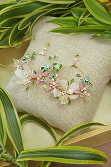 Gold Finish Off-White Gemstone & Resin Floral Earrings