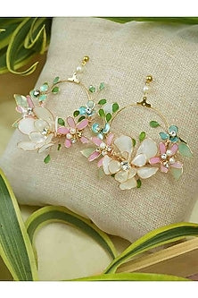 Gold Finish Off-White Gemstone & Resin Floral Earrings