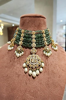 Yellow Gold Rhodium Finish Green Moissanite Polki Choker Necklace Set In Sterling Silver