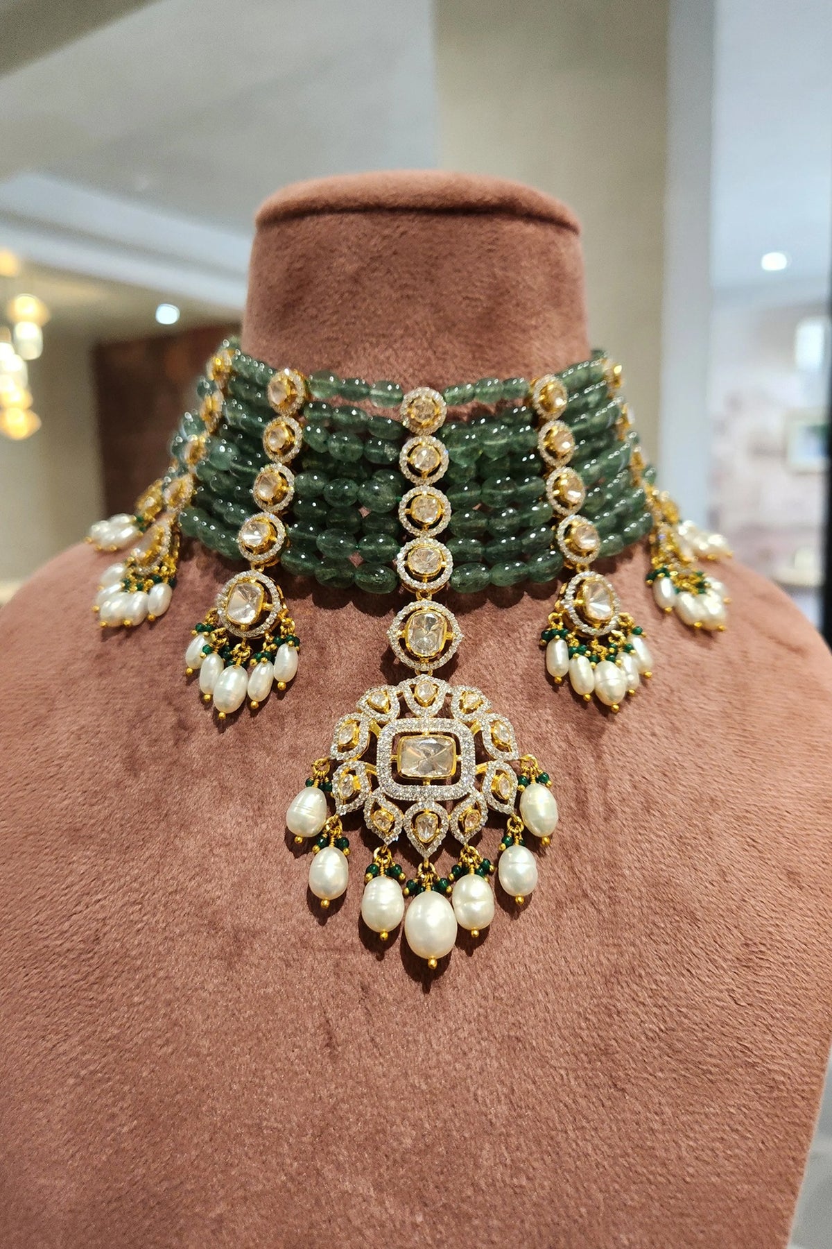 Yellow Gold Rhodium Finish Green Moissanite Polki Choker Necklace Set In Sterling Silver