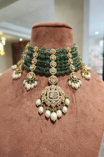 Yellow Gold Rhodium Finish Green Moissanite Polki Choker Necklace Set In Sterling Silver