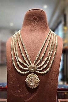 Yellow Gold Rhodium Finish Moissanite Polki & Swarovski Pearl Long Necklace In Sterling Silver