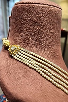 Yellow Gold Rhodium Finish Moissanite Polki & Swarovski Pearl Long Necklace In Sterling Silver