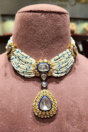 Yellow Gold Rhodium Finish Pearl Blue Meenakari Choker Necklace Set In Sterling Silver
