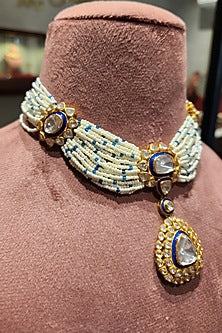 Yellow Gold Rhodium Finish Pearl Blue Meenakari Choker Necklace Set In Sterling Silver