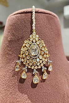 Yellow Gold Rhodium Finish Moissanite Polki Maangtikka In Sterling Silver