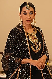 Yellow Gold Rhodium Finish Green Kundan Polki Maangtikka & Earrings Set In Sterling Silver
