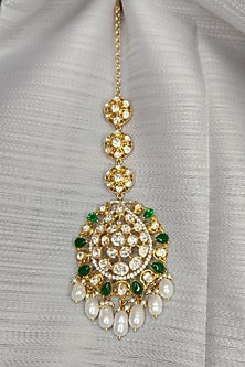 Yellow Gold Rhodium Finish Green Kundan Polki Maangtikka & Earrings Set In Sterling Silver