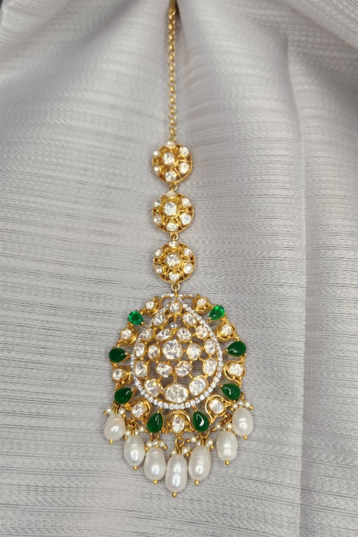 Yellow Gold Rhodium Finish Green Kundan Polki Maangtikka & Earrings Set In Sterling Silver