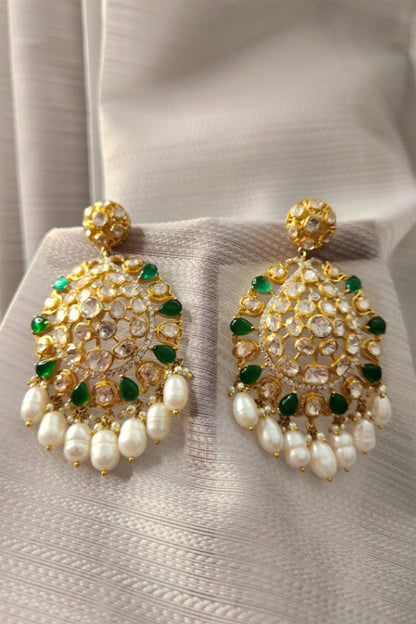 Yellow Gold Rhodium Finish Green Kundan Polki Maangtikka & Earrings Set In Sterling Silver