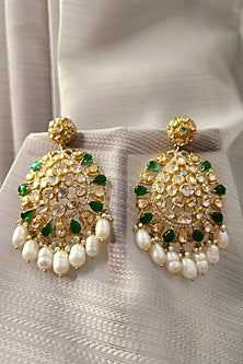 Yellow Gold Rhodium Finish Green Kundan Polki Maangtikka & Earrings Set In Sterling Silver