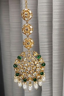 Yellow Gold Rhodium Finish Green Kundan Polki Maangtikka & Earrings Set In Sterling Silver