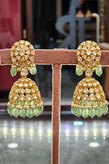 Yellow Gold Finish Kundan Polki & Green Hanging Dangler Earrings In Sterling Silver