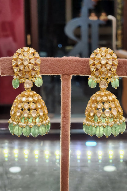 Yellow Gold Finish Kundan Polki & Green Hanging Dangler Earrings In Sterling Silver