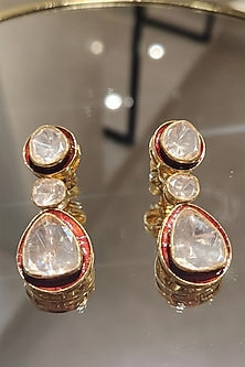 Yellow Gold Finish Kundan Polki Red Meenakari Dangler Earrings In Sterling Silver