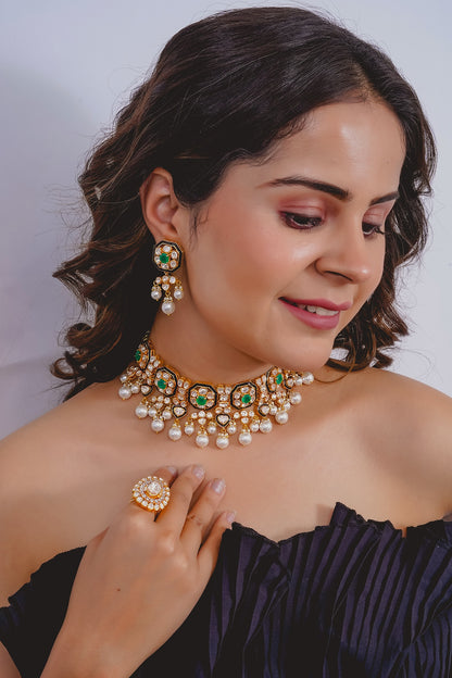Yellow Gold Rhodium Finish Kundan Polki & Pearl Meenakari Necklace Set In Sterling Silver