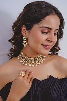Yellow Gold Rhodium Finish Kundan Polki & Pearl Meenakari Necklace Set In Sterling Silver