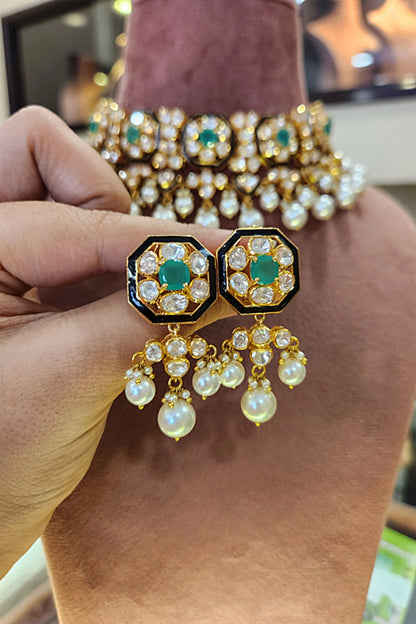 Yellow Gold Rhodium Finish Kundan Polki & Pearl Meenakari Necklace Set In Sterling Silver