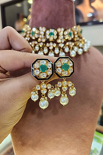 Yellow Gold Rhodium Finish Kundan Polki & Pearl Meenakari Necklace Set In Sterling Silver