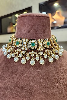 Yellow Gold Rhodium Finish Kundan Polki & Pearl Meenakari Necklace Set In Sterling Silver