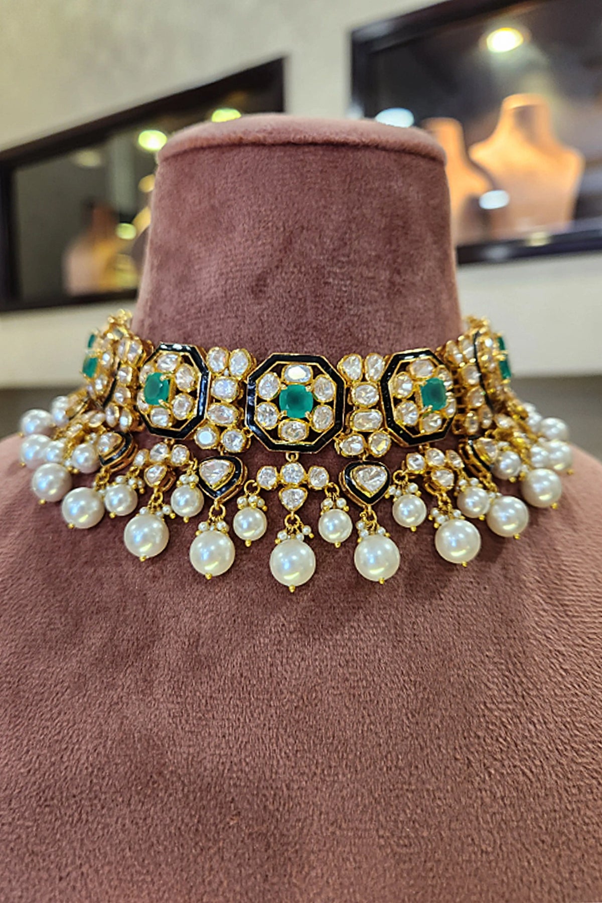 Yellow Gold Rhodium Finish Kundan Polki & Pearl Meenakari Necklace Set In Sterling Silver
