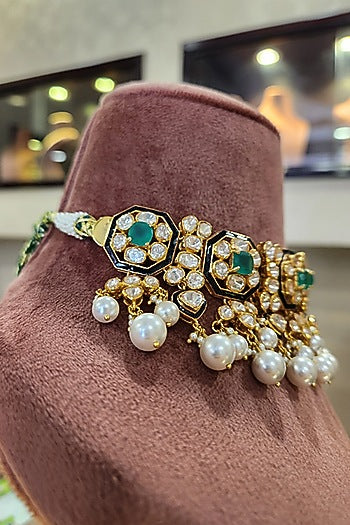 Yellow Gold Rhodium Finish Kundan Polki & Pearl Meenakari Necklace Set In Sterling Silver