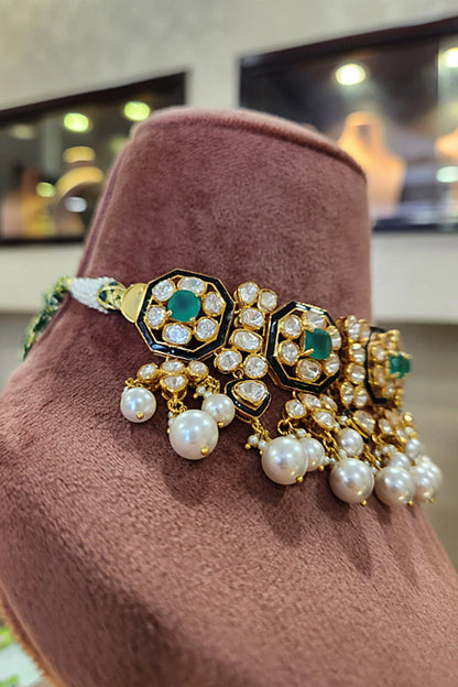 Yellow Gold Rhodium Finish Kundan Polki & Pearl Meenakari Necklace Set In Sterling Silver