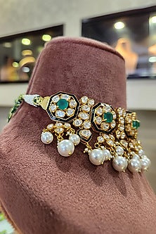 Yellow Gold Rhodium Finish Kundan Polki & Pearl Meenakari Necklace Set In Sterling Silver