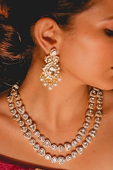 Yellow Gold Rhodium Finish Kundan Polki Necklace Set In Sterling Silver