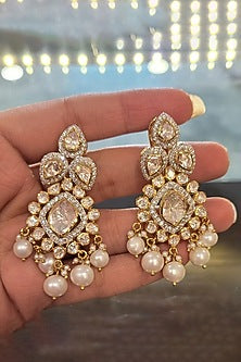 Yellow Gold Rhodium Finish Kundan Polki Necklace Set In Sterling Silver