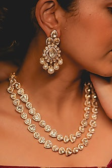 Yellow Gold Rhodium Finish Kundan Polki Necklace Set In Sterling Silver