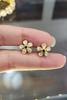 Yellow Gold Finish Green Kundan Polki Earrings In Sterling Silver
