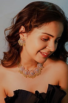Yellow Gold Rhodium Finish Kundan Polki Necklace Set In Sterling Silver