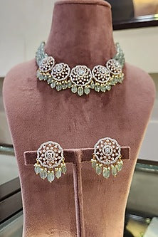 Yellow Gold Rhodium Finish Kundan Polki Necklace Set In Sterling Silver