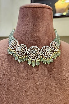 Yellow Gold Rhodium Finish Kundan Polki Necklace Set In Sterling Silver