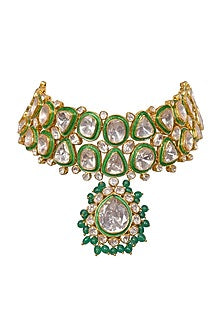Gold Finish Moissanite Polki Necklace In Sterling Silver
