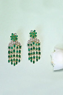 Gold Finish Green Onyx Earrings In Sterling Silver