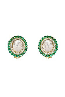 Gold Finish Green Synthetic Stone Earrings In Sterling Silver