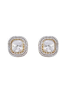 Gold Finish Cz Halo Earrings In Sterling Silver