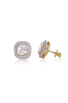 Gold Finish Cz Halo Earrings In Sterling Silver