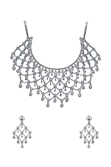 White Finish Swarovski Choker Necklace Set In Sterling Silver