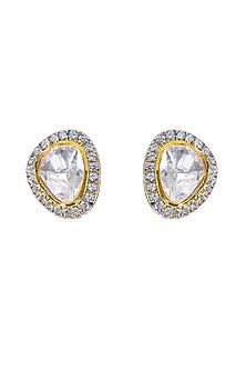 Gold Finish Kundan Polki Stud Earrings In Sterling Silver