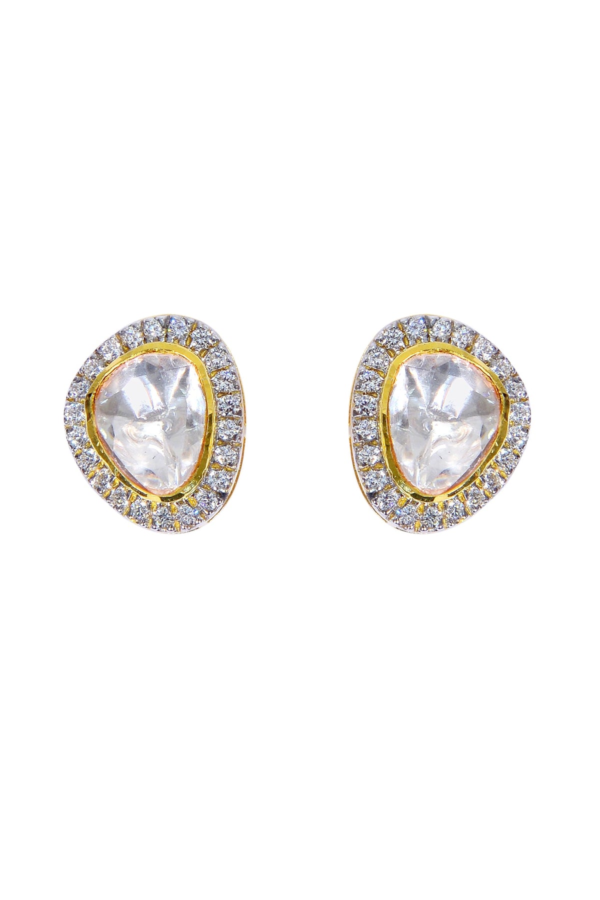Gold Finish Kundan Polki Stud Earrings In Sterling Silver