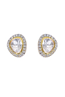 Gold Finish Kundan Polki Stud Earrings In Sterling Silver