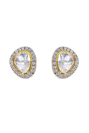 Gold Finish Kundan Polki Stud Earrings In Sterling Silver