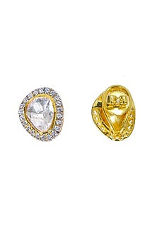 Gold Finish Kundan Polki Stud Earrings In Sterling Silver