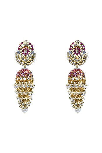Gold Finish Ruby Jhumka Earrings In Sterling Silver
