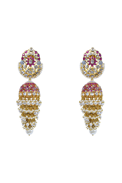 Gold Finish Ruby Jhumka Earrings In Sterling Silver
